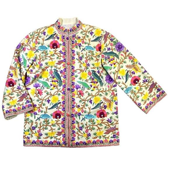 Vintage 70s Birds of Paradise Floral Embroidered Wool Jacket - XL - Picture 1 of 7